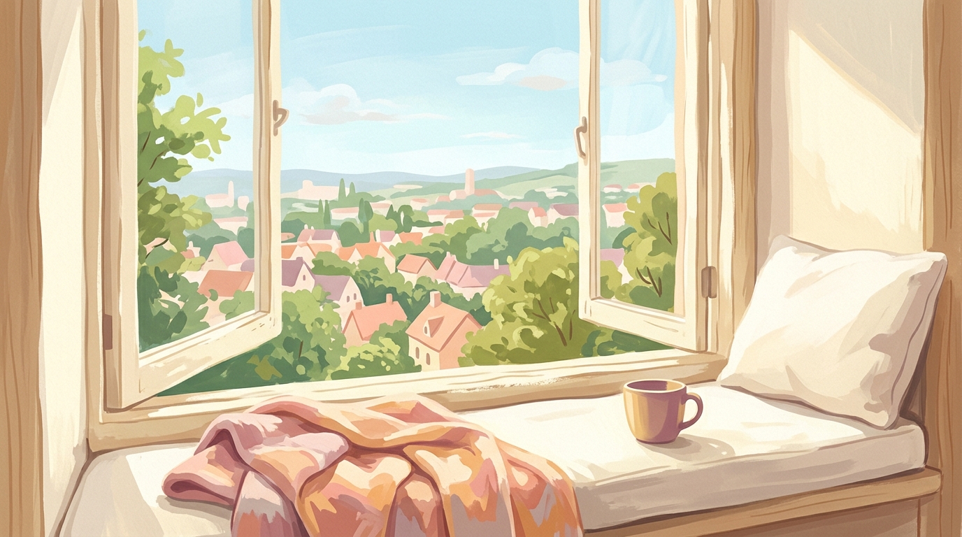 Illustration of a window seat looking out over a town