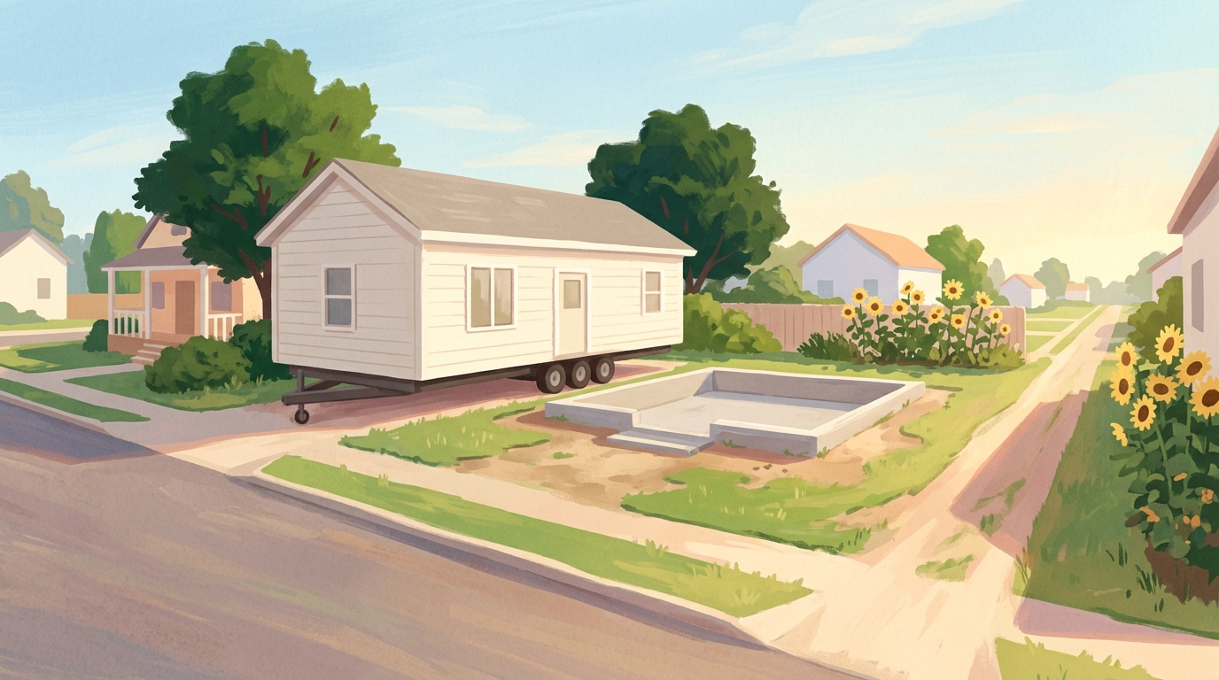Illustration of a factory-built house section beside its foundation
