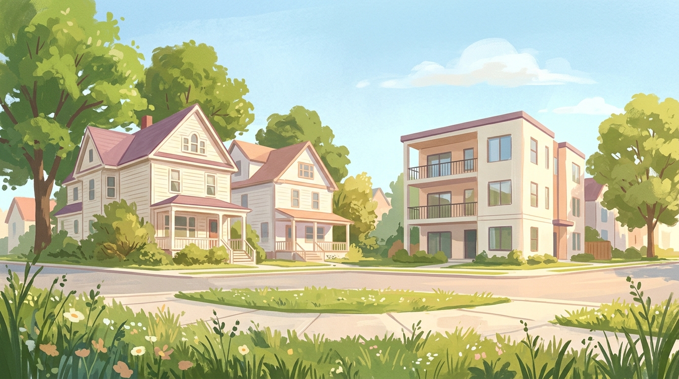 Illustration of older homes beside a new small apartment building