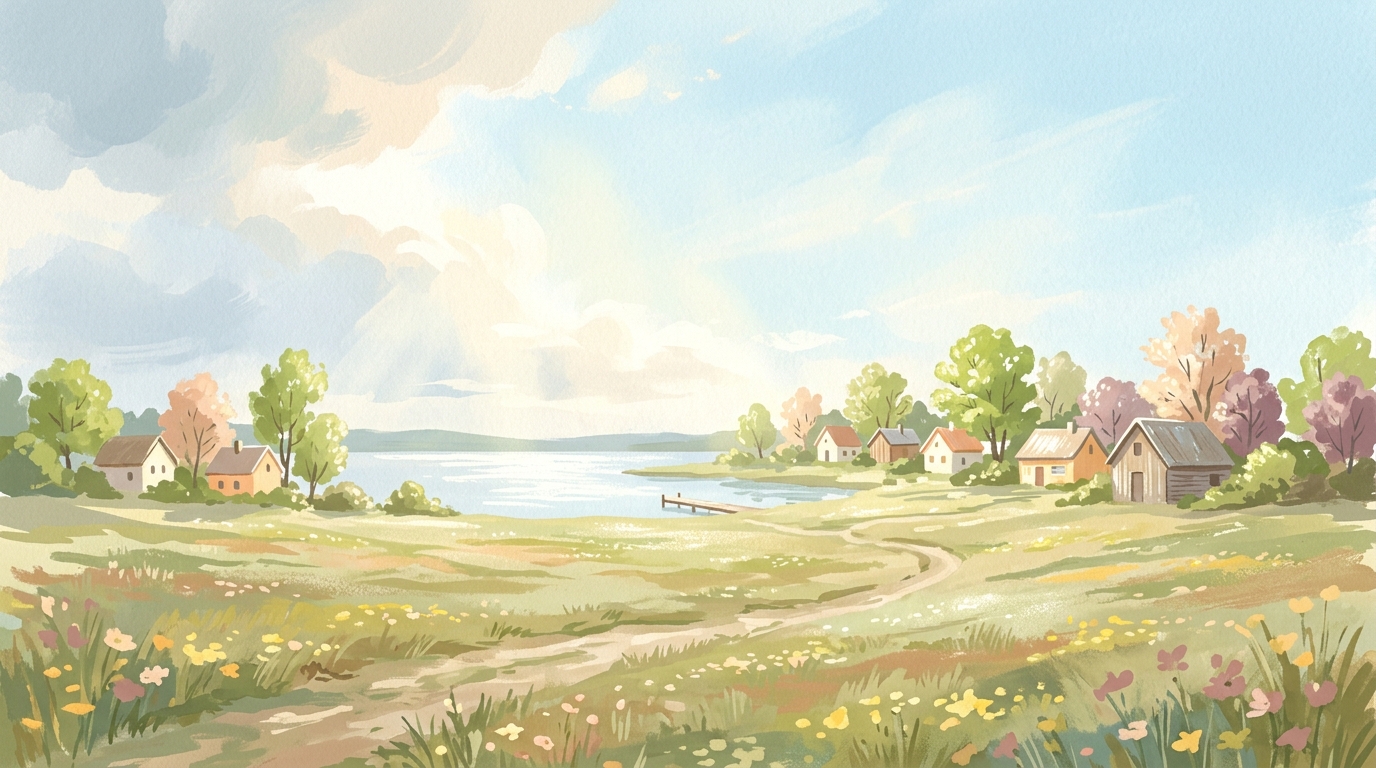 Illustration of small cottages along a lake shore in a light shower