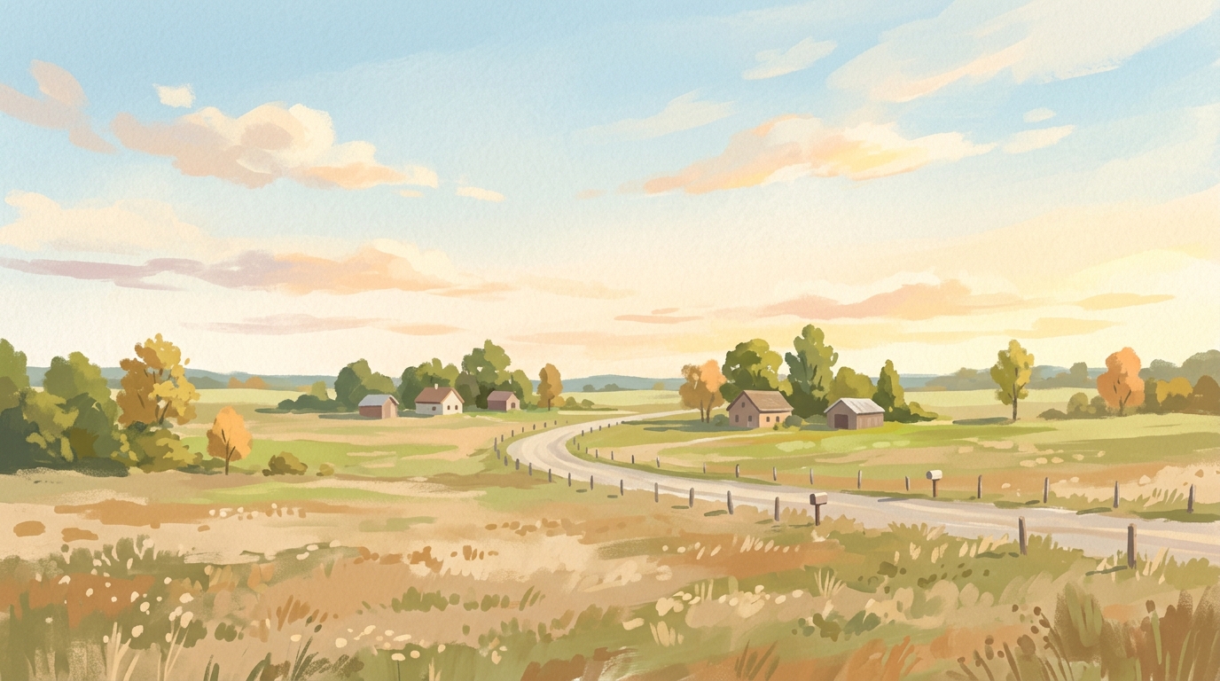 Illustration of a gravel country road past a few houses