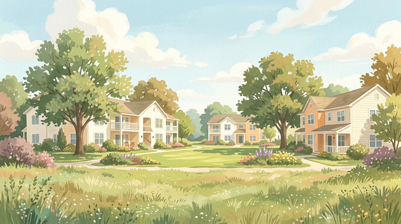 Illustration of low garden apartments around a lawn