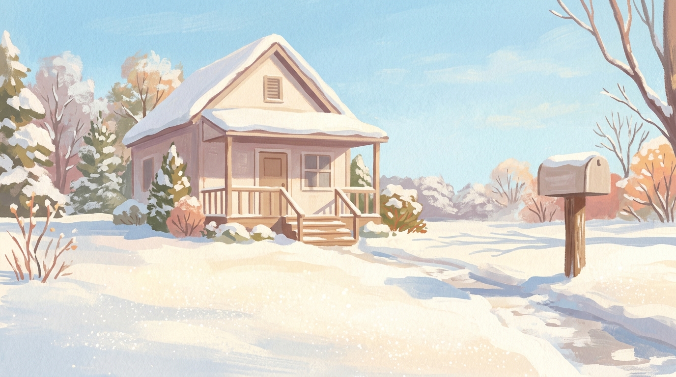 Illustration of a mailbox at the end of a front walk in snow