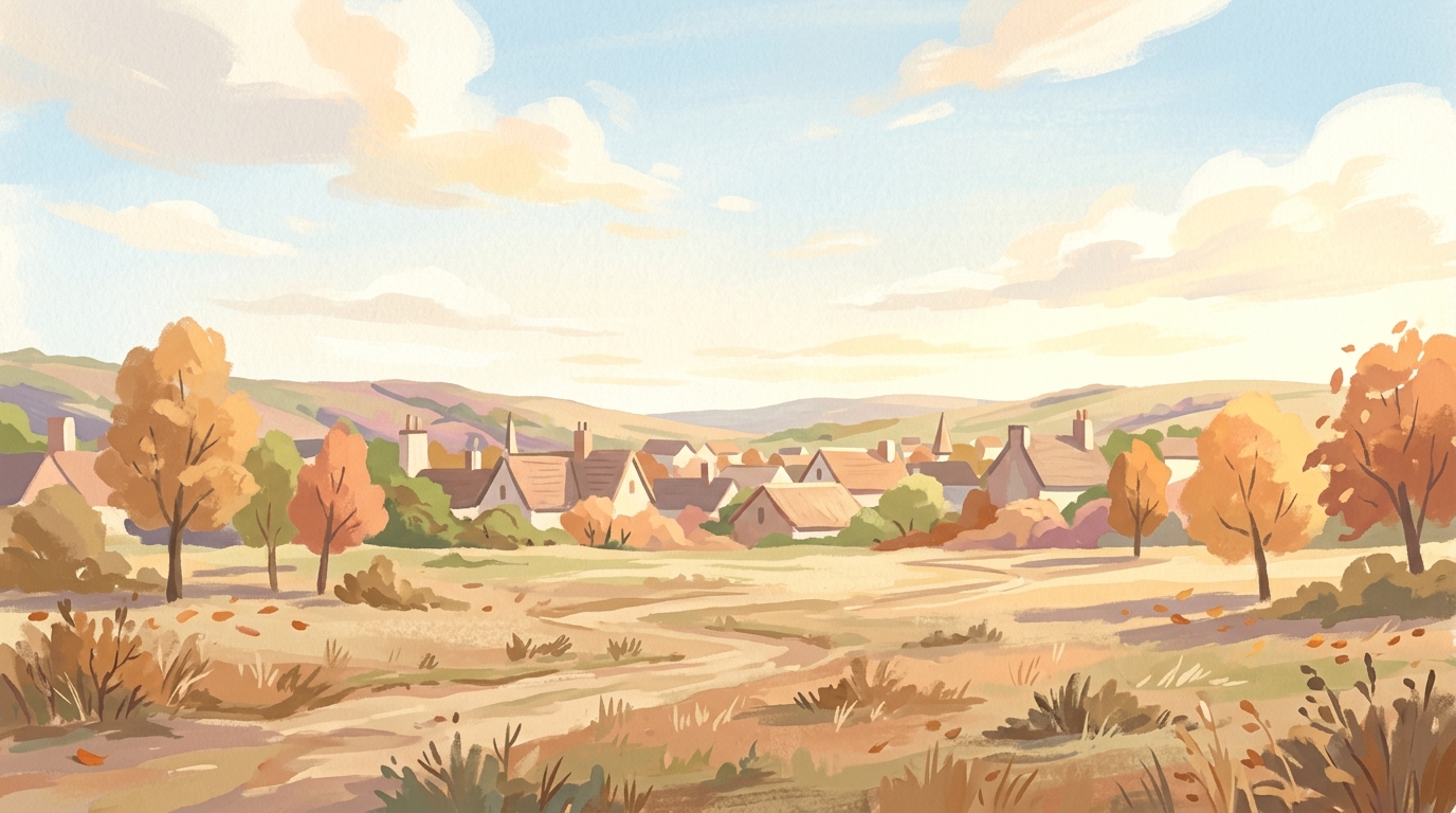 Illustration of town rooftops stretching toward low hills