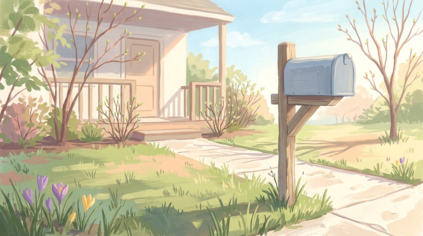 Illustration of a mailbox at the end of a front walk in spring