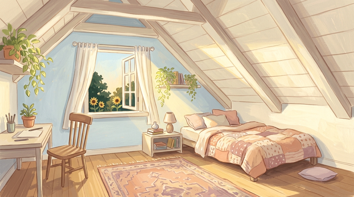Illustration of a bedroom under a sloped attic roof