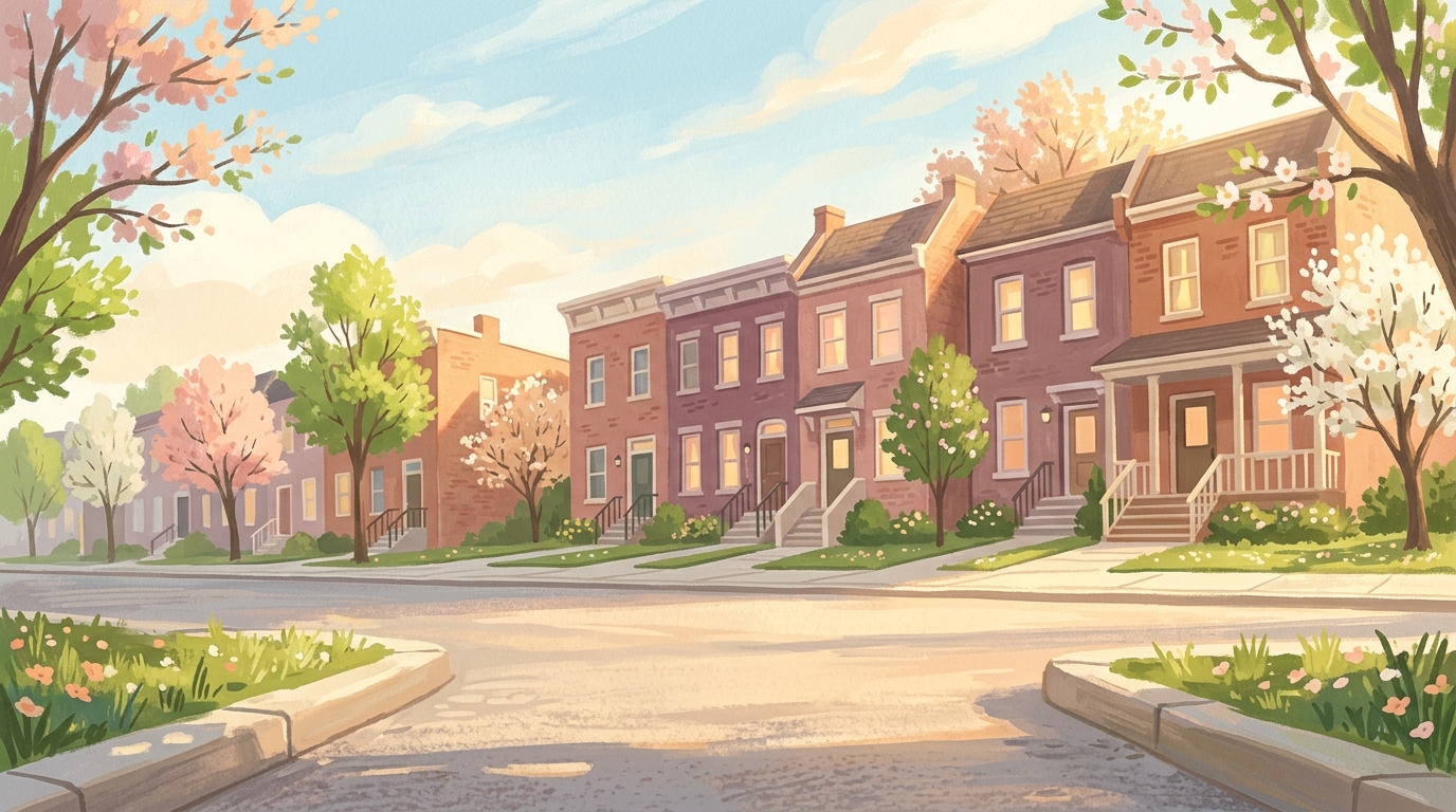 Illustration of brick townhouses with lit windows along a quiet street in spring