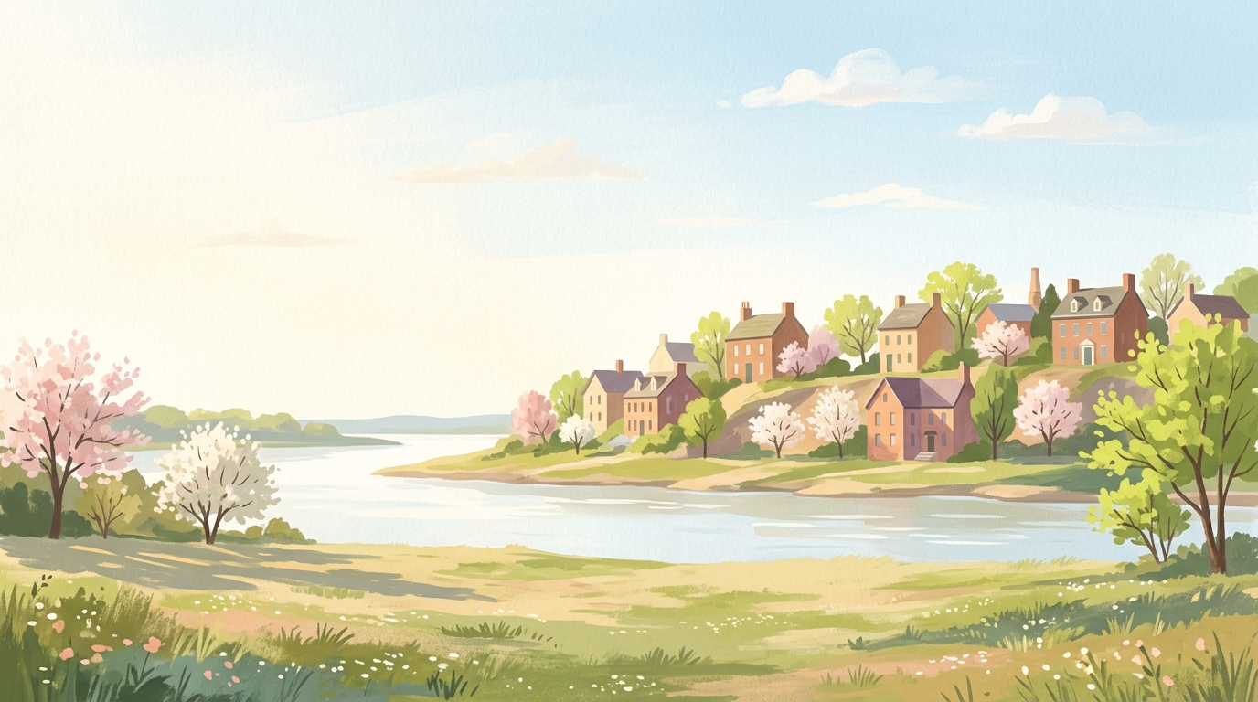 Illustration of a river town of brick houses on a bluff in spring