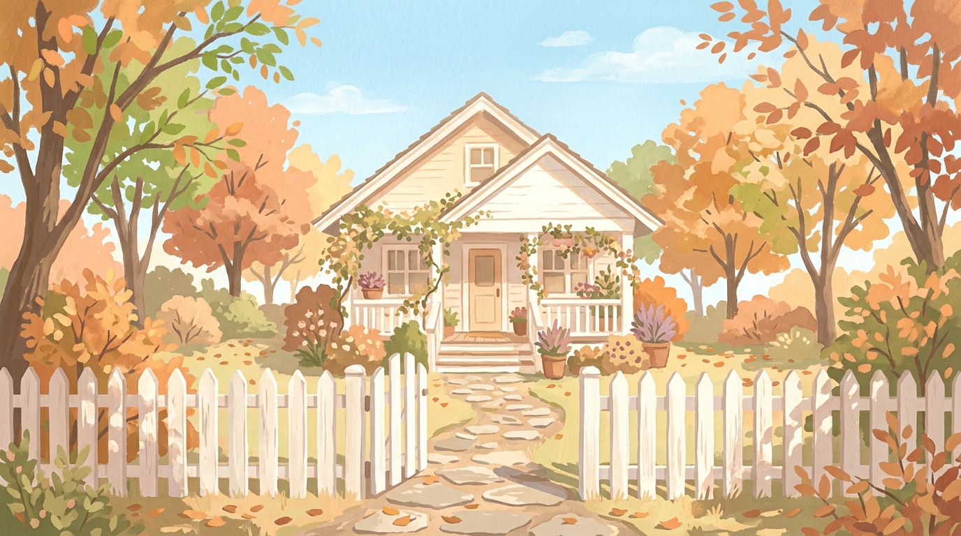 Illustration of a small house behind a picket fence with an open gate