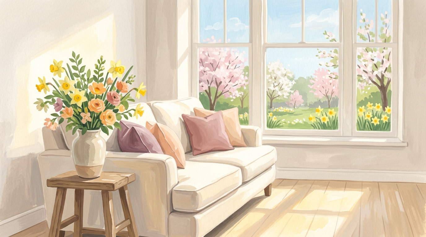 Illustration of a staged living room with a sofa and a big window