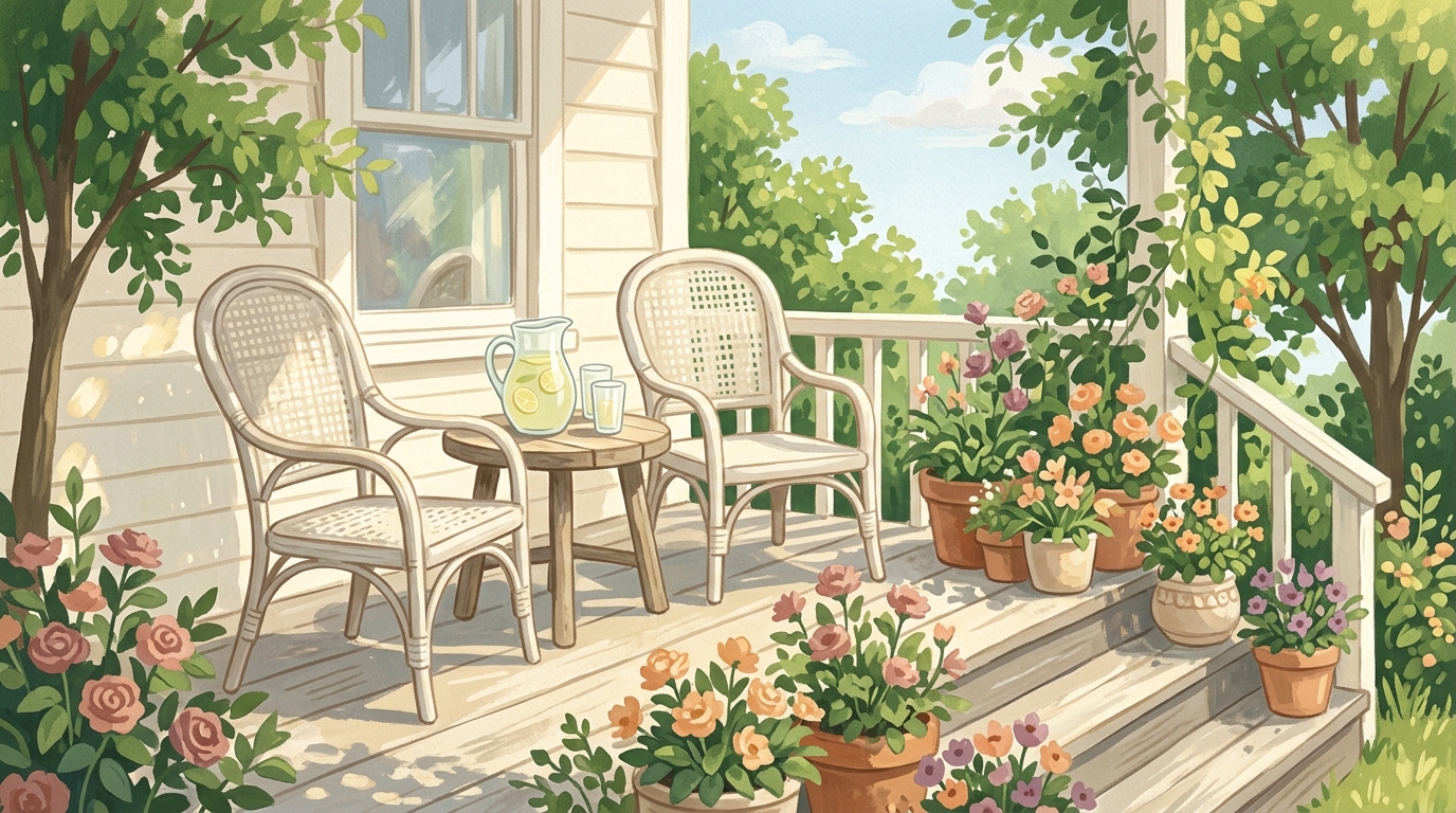 Illustration of two chairs and a small table on a front porch