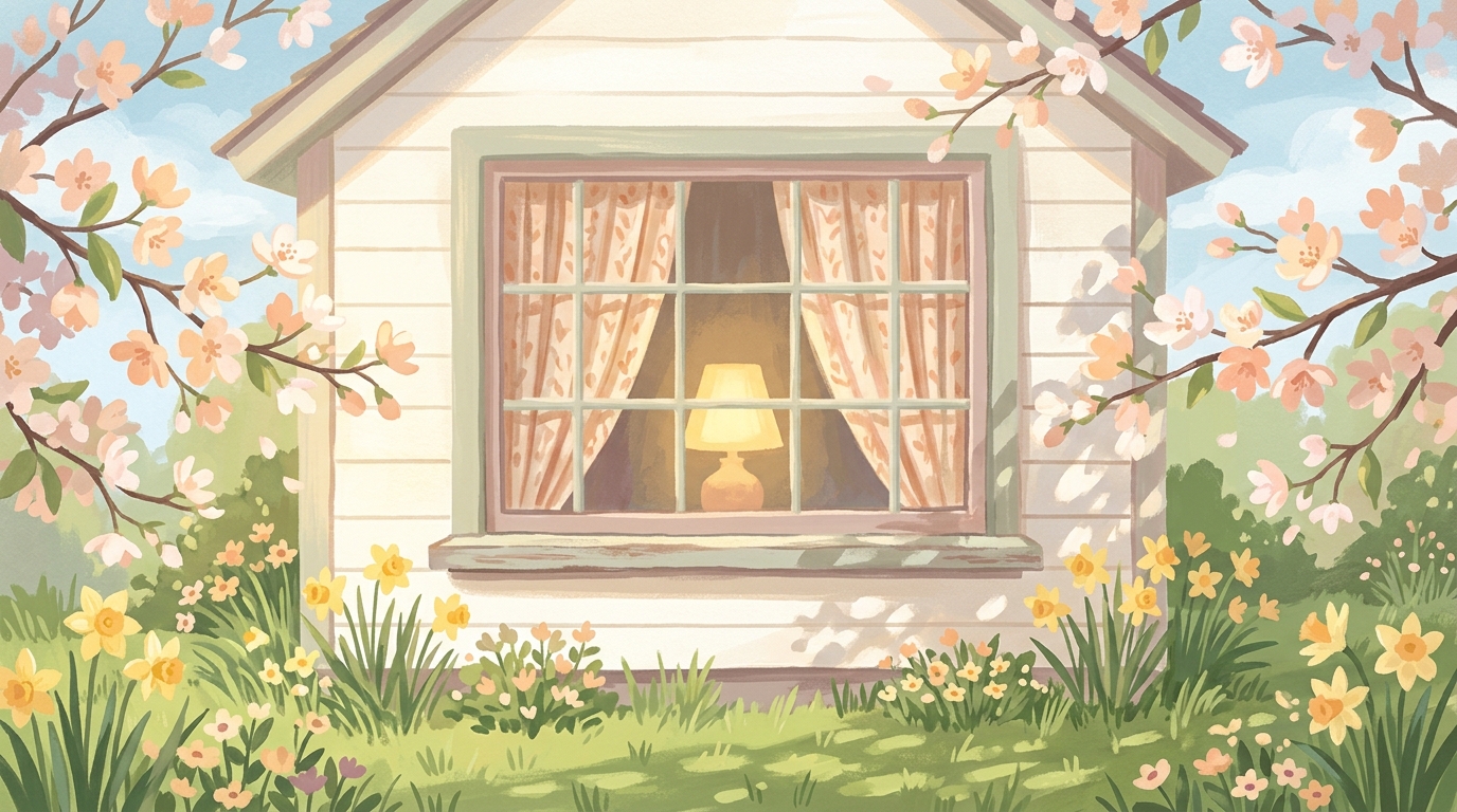 Illustration of a small house's front window with a lamp lit in spring