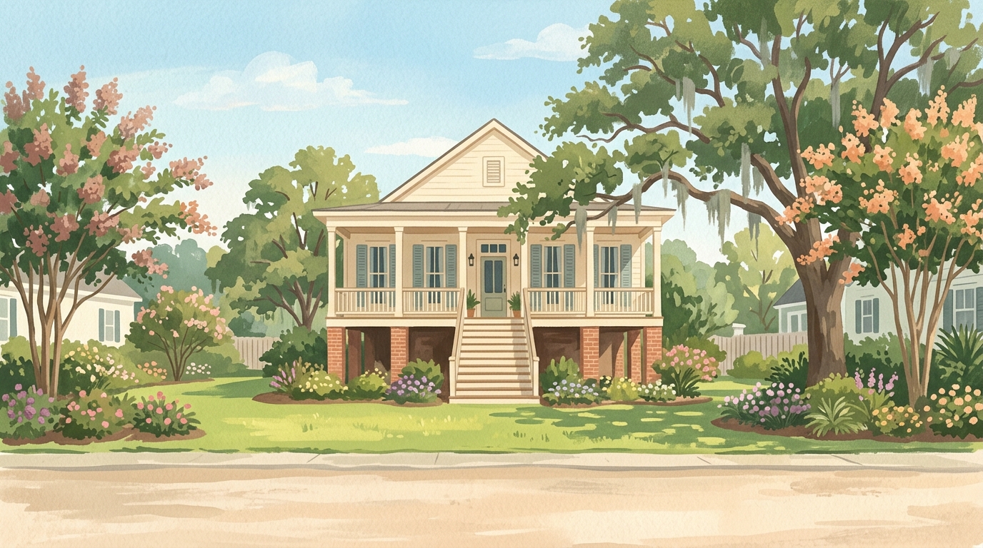 Illustration of a raised cottage with a wide front porch