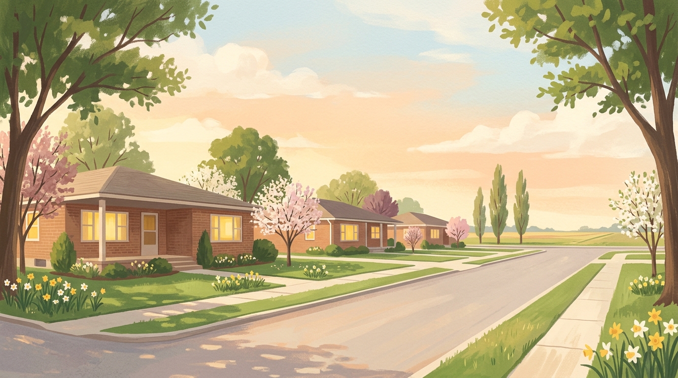 Illustration of brick ranch houses with deep porches under shade trees in spring