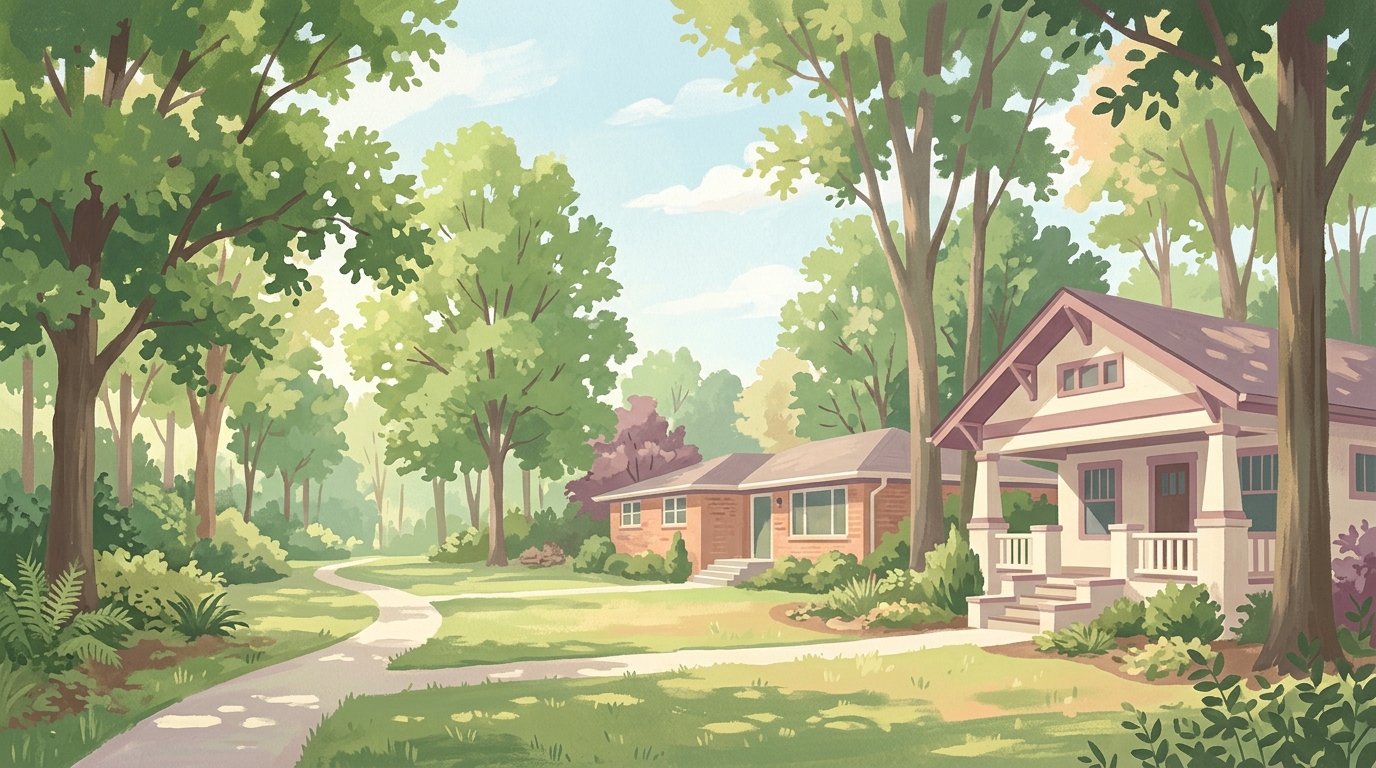 Illustration of craftsman bungalows and brick ranch houses among tall trees on wooded lots