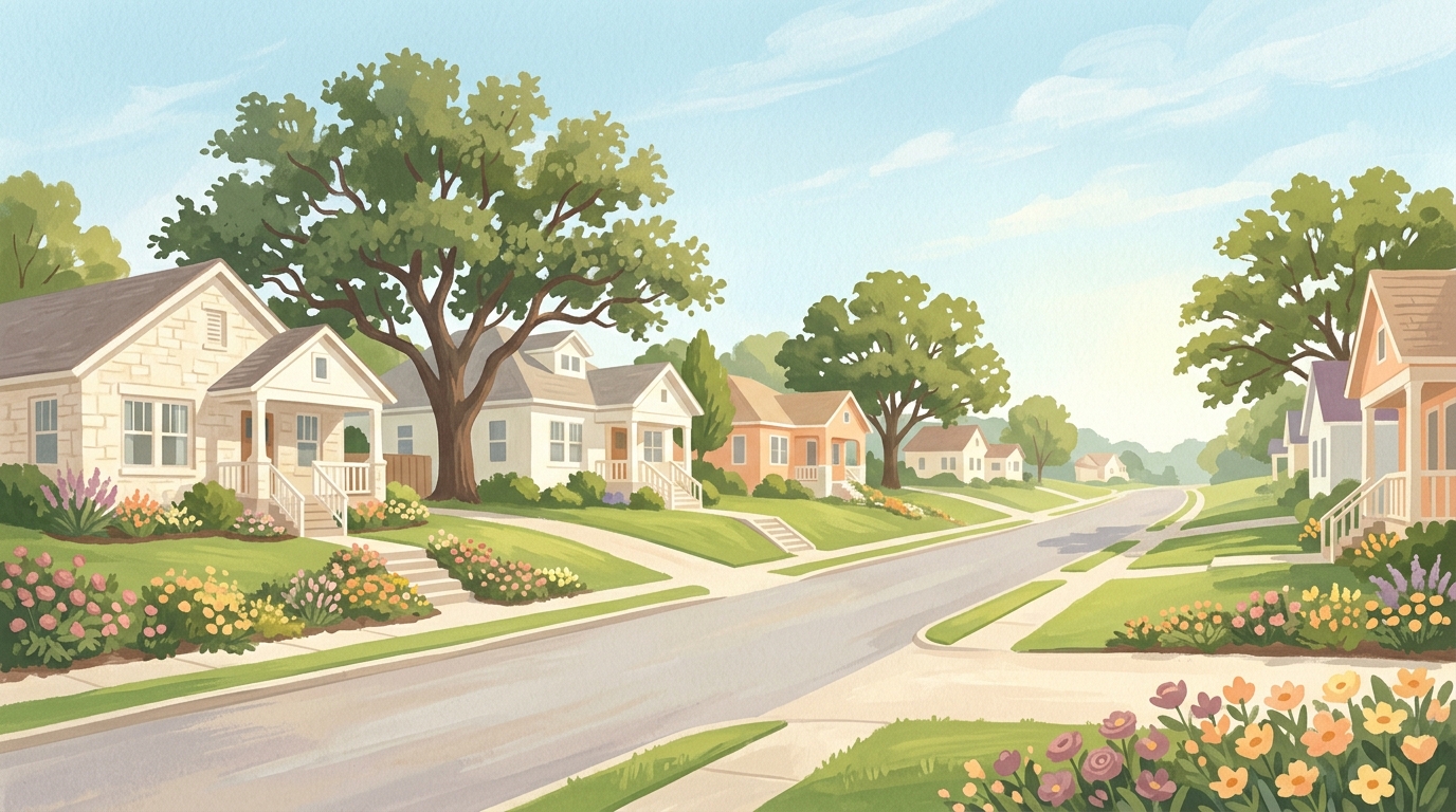Illustration of pale limestone and painted wood bungalows on gentle hills, live oaks in the yards