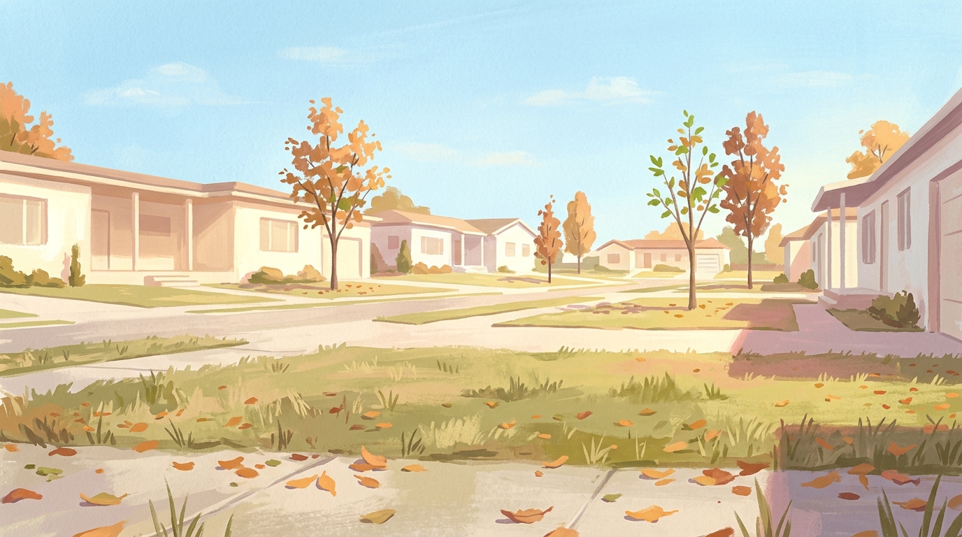 Illustration of single-story stucco ranch houses with wide flat yards and young shade trees