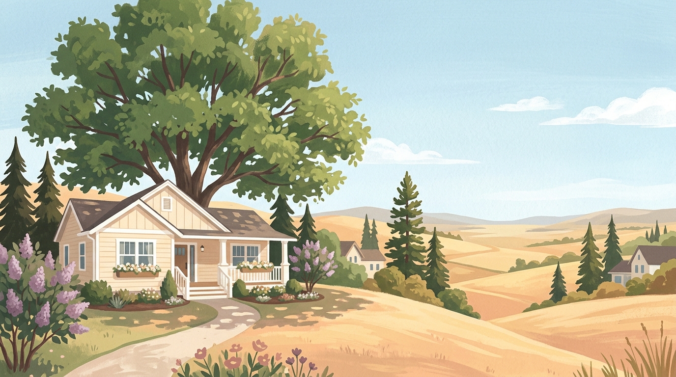 Illustration of a single-story house under a big shade tree