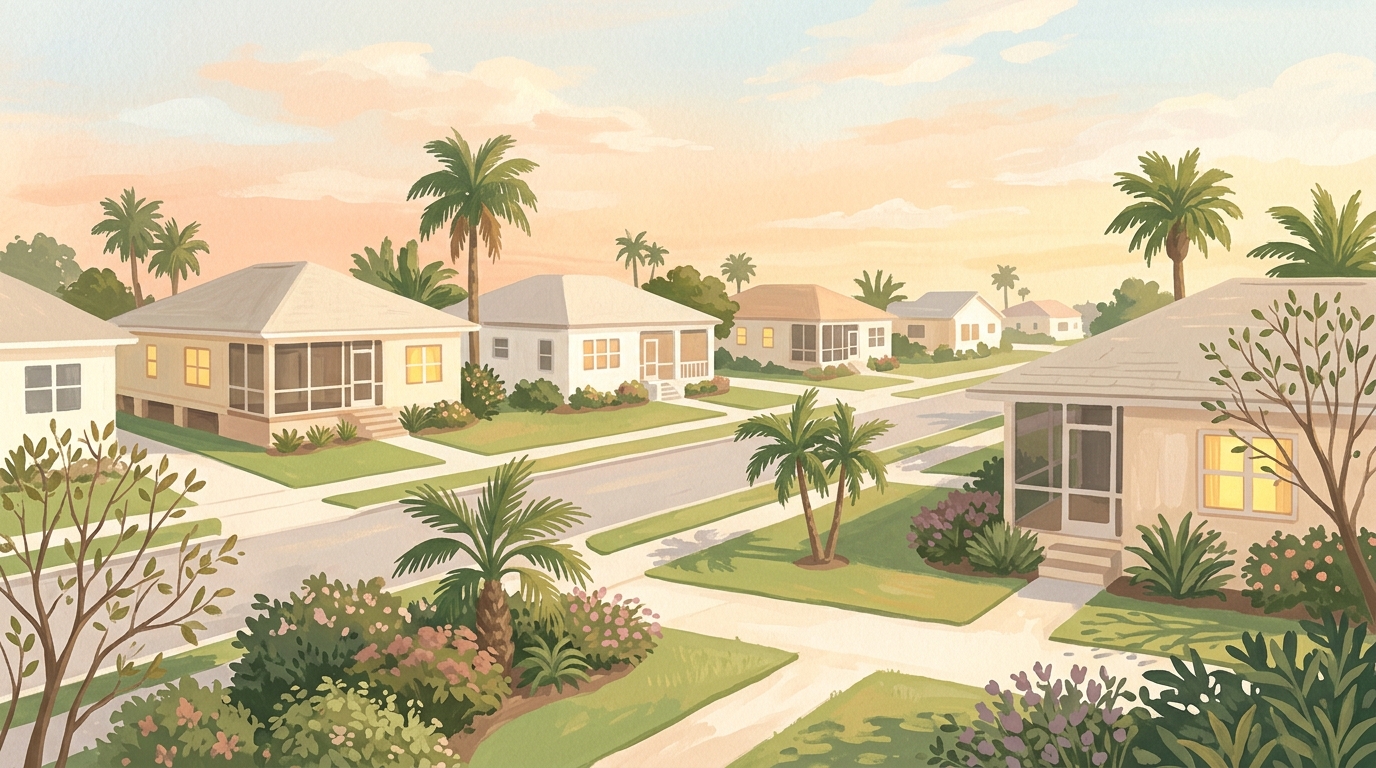 Illustration of single-story stucco houses with screened porches at dusk