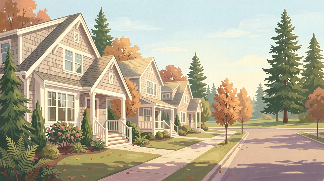 Illustration of shingled houses with steep roofs