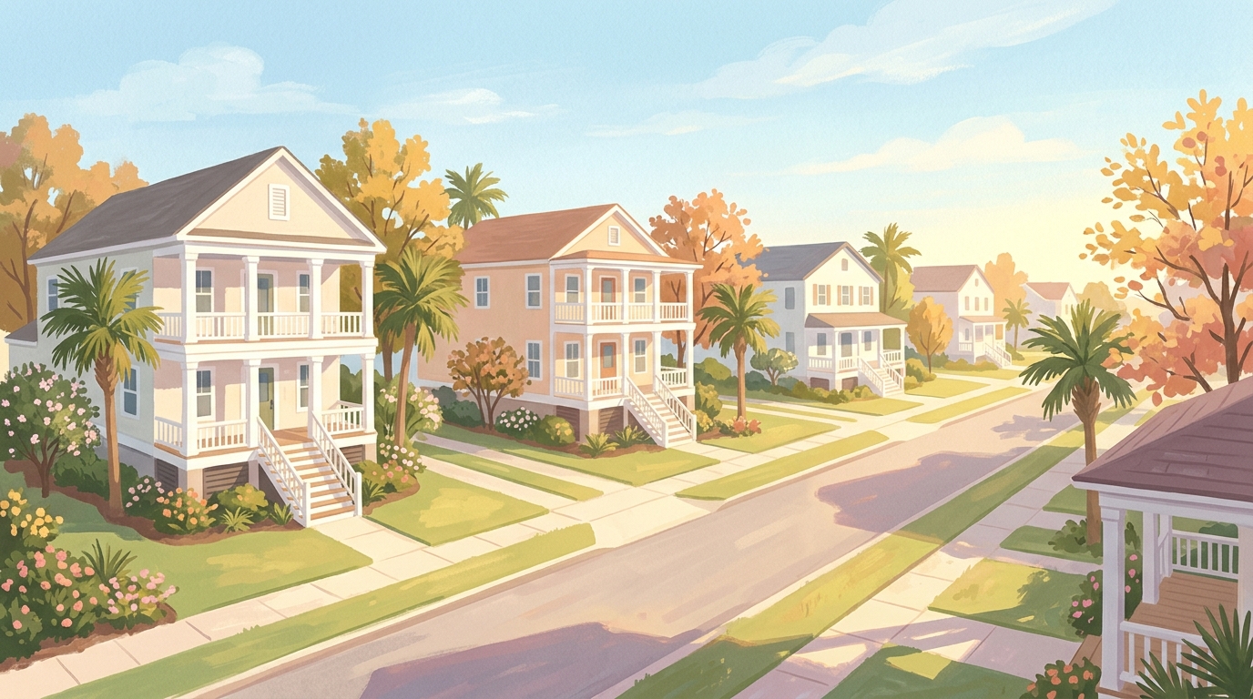 Illustration of two-story houses with white columns