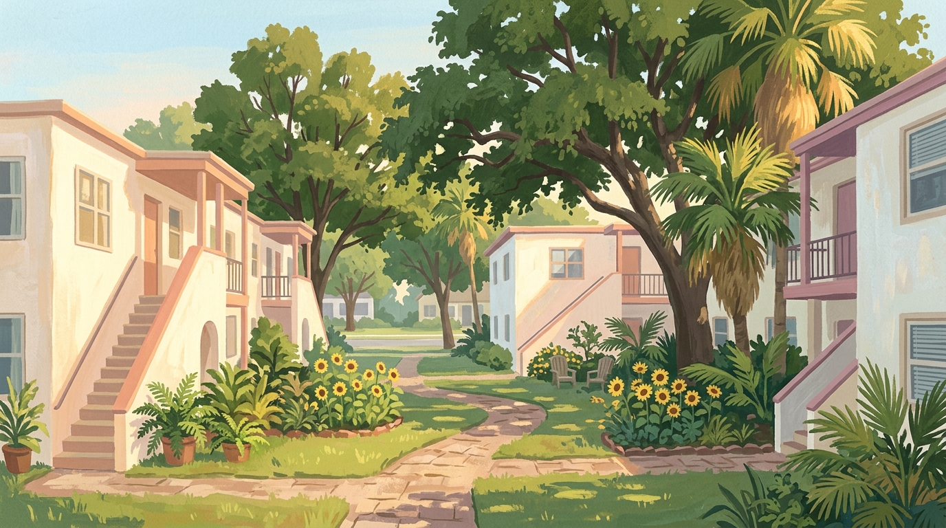 Illustration of two-story stucco garden apartments around a courtyard