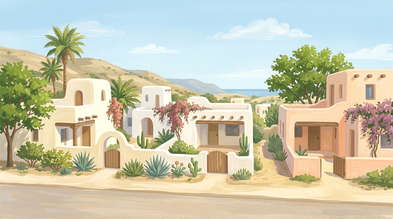 Illustration of flat-roofed adobe-style houses