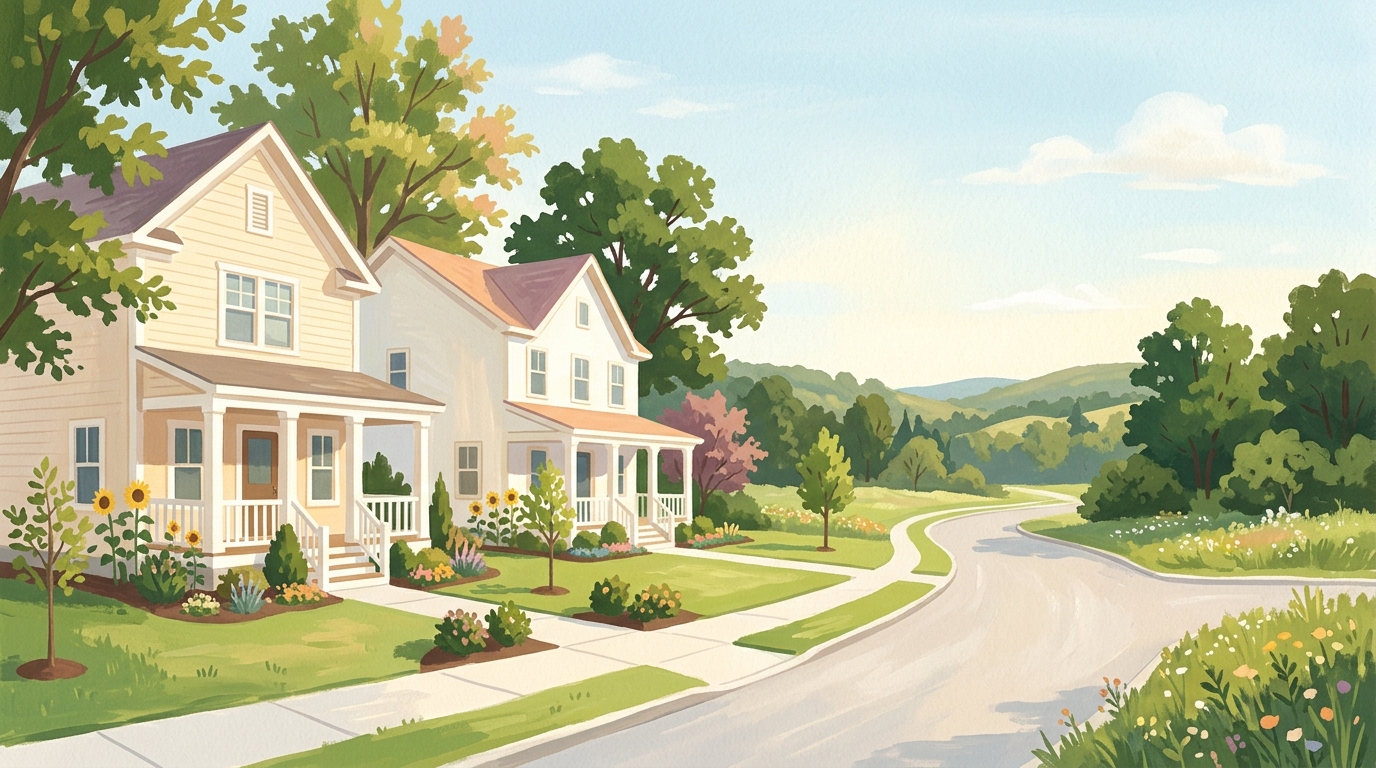 Illustration of two-story houses with white columns