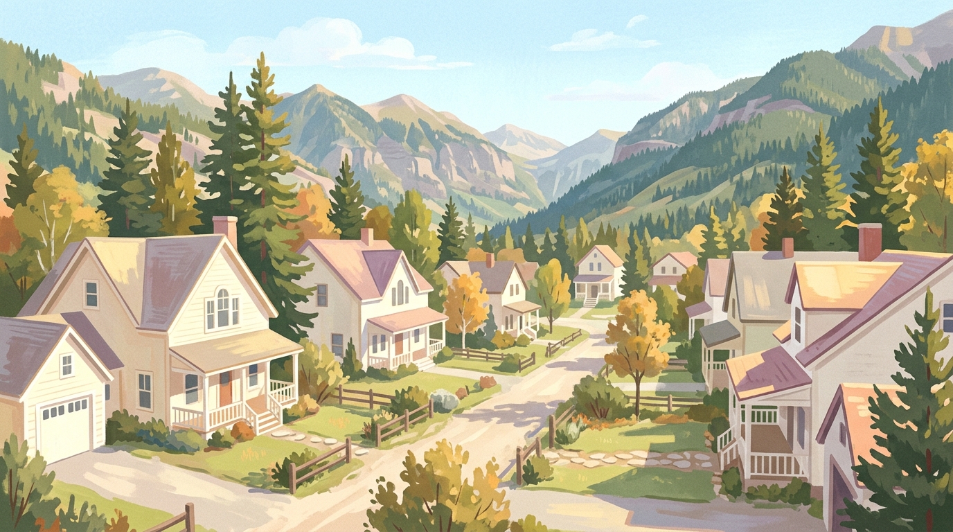 Illustration of two-story houses with pitched roofs among pines, tall mountains rising close behind
