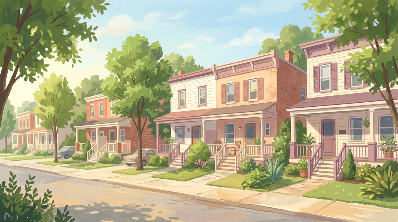 Illustration of brick and frame double houses with front porches on a leafy street