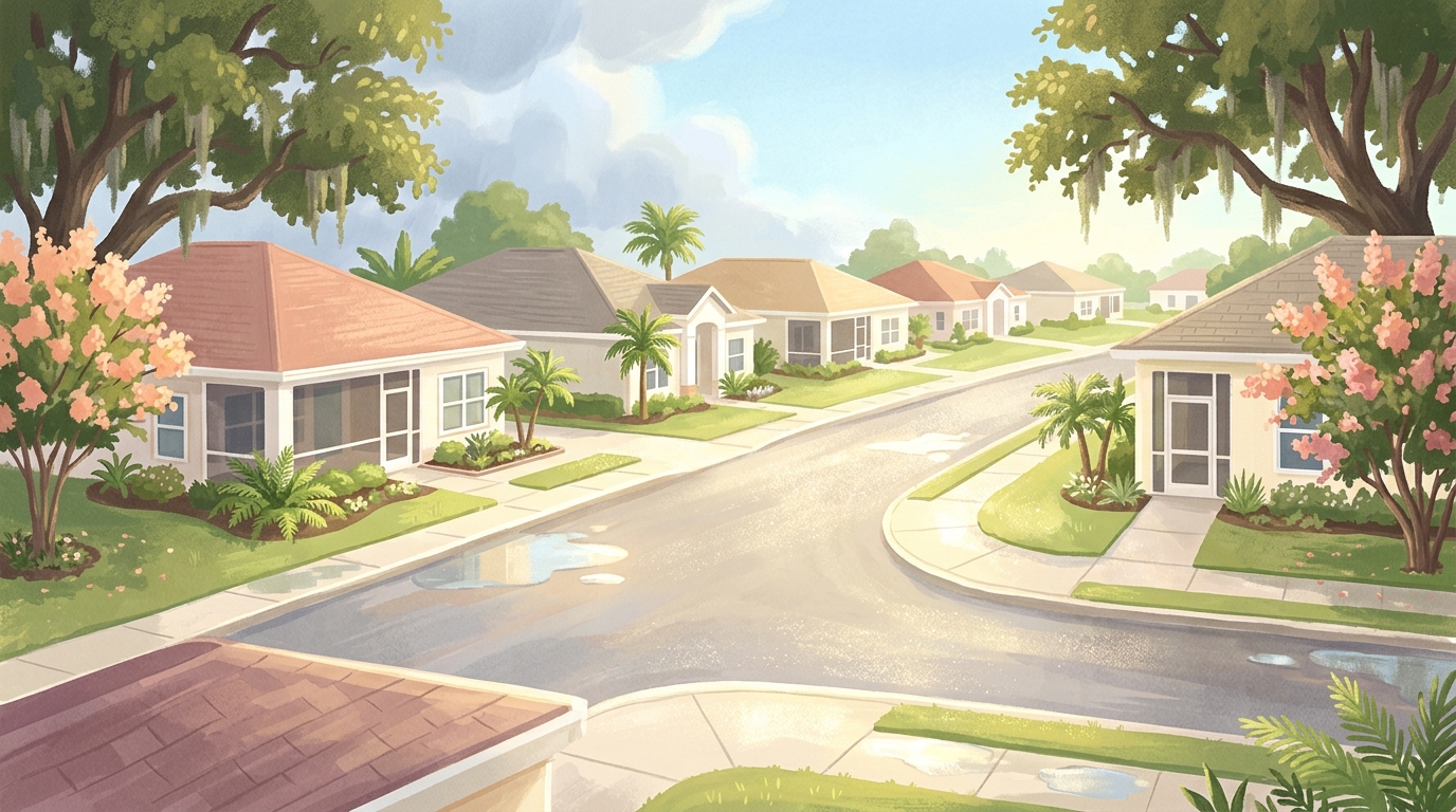 Illustration of single-story stucco houses with screened porches in a light shower