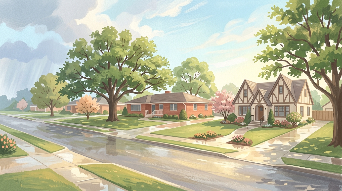 Illustration of red brick ranch houses and Tudor-style cottages with big pecan and oak trees in the yards in a light shower