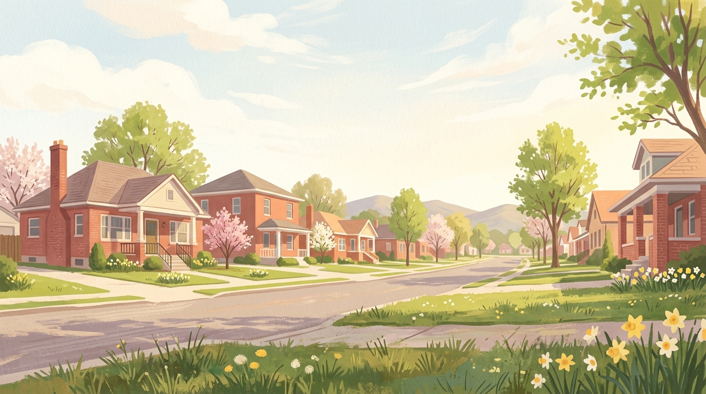 Illustration of red brick bungalows and square two-story houses, mountains far in the distance in spring