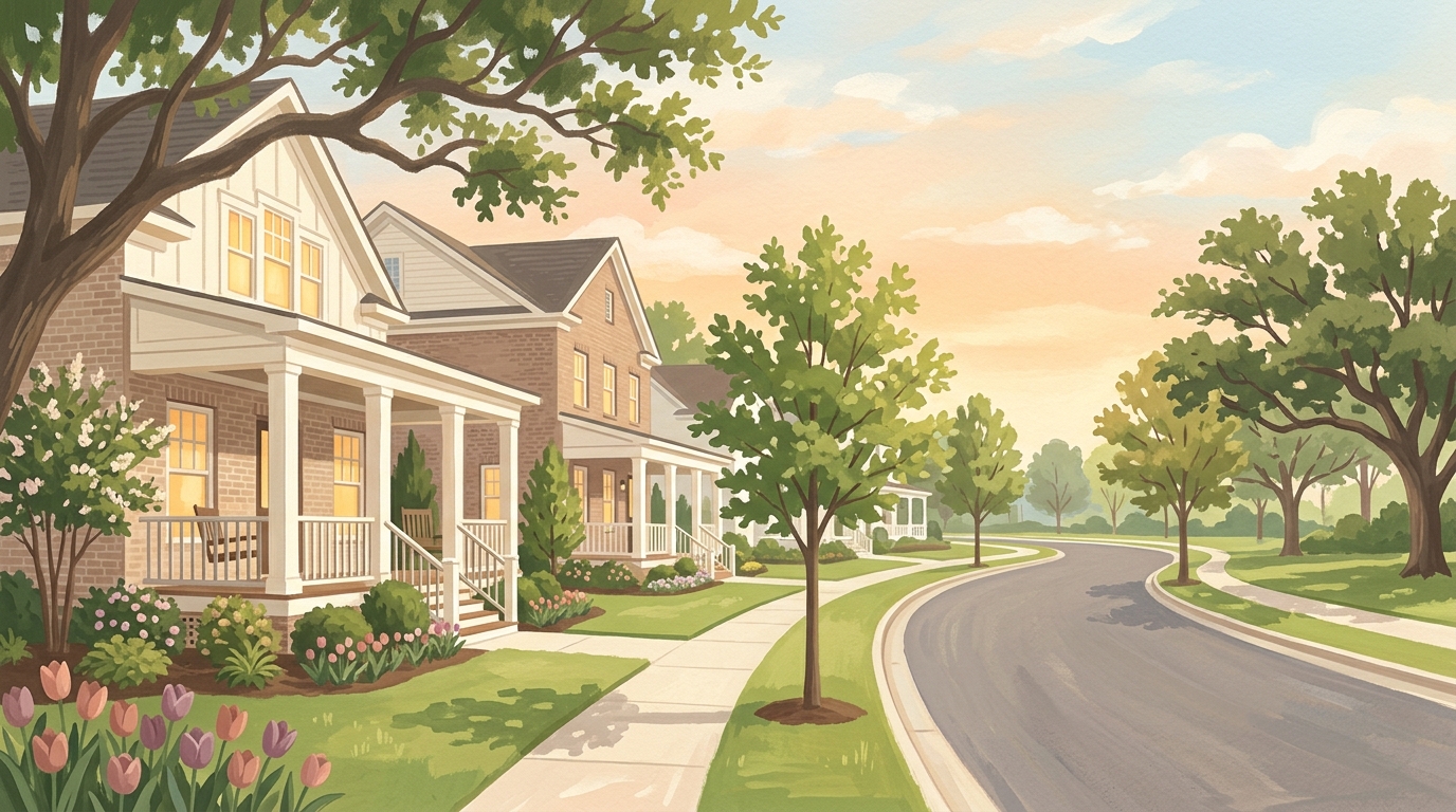 Illustration of a subdivision of brick-front houses in spring
