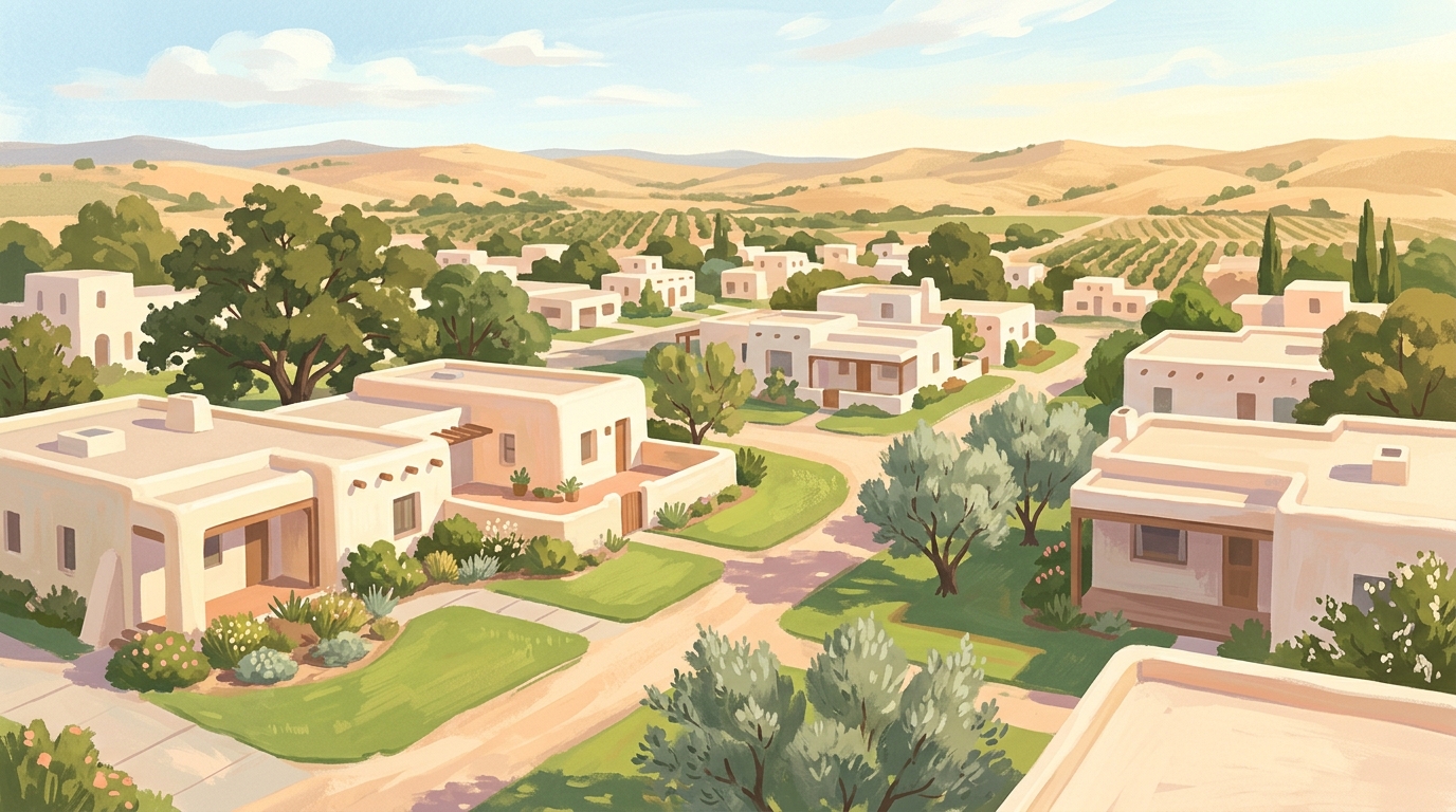 Illustration of flat-roofed adobe-style houses