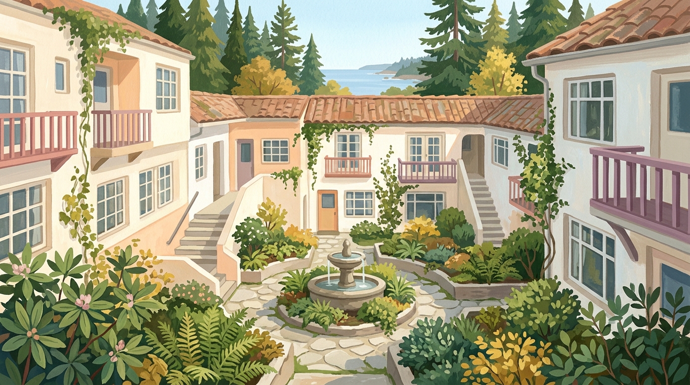 Illustration of a courtyard apartment building around a garden