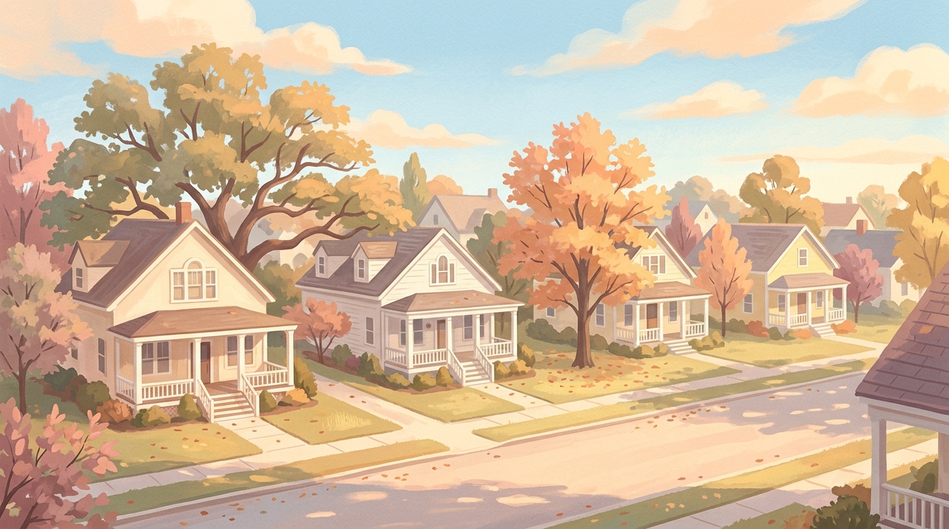 Illustration of two-story houses with white columns