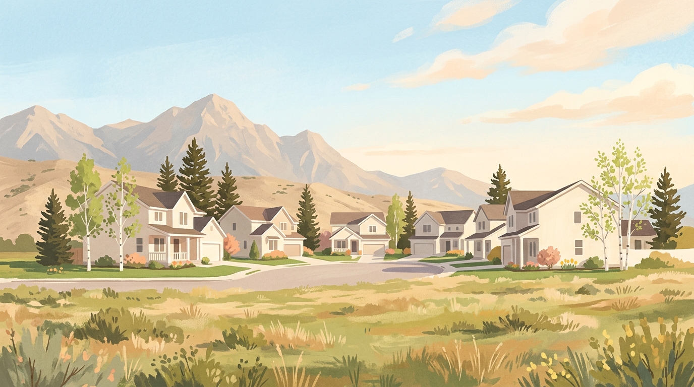 Illustration of a cul-de-sac of newer two-story houses in spring