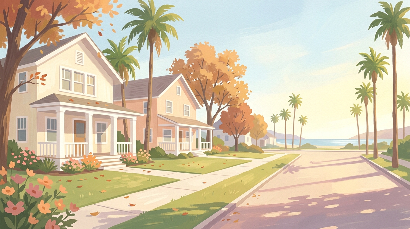 Illustration of two-story houses with white columns
