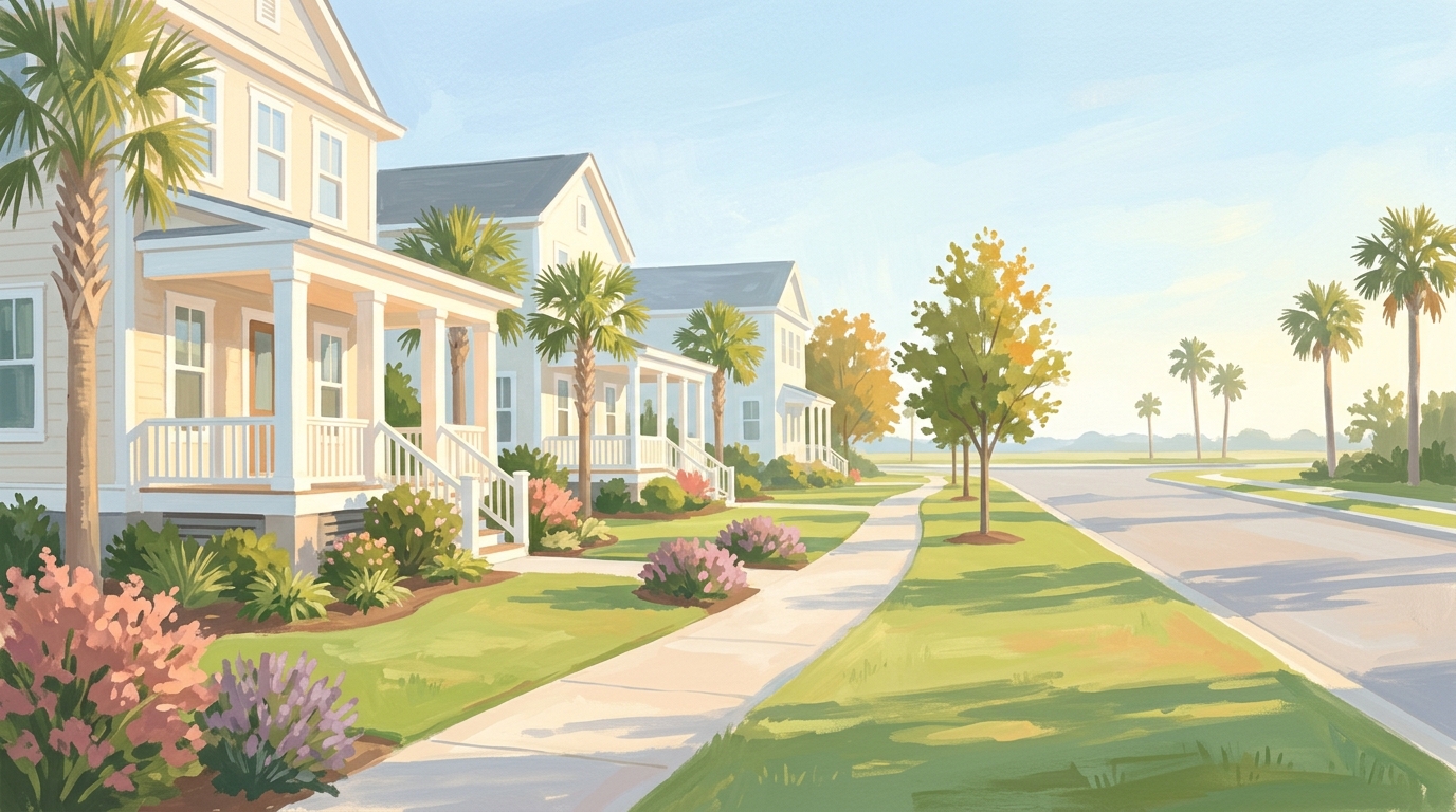 Illustration of two-story houses with white columns