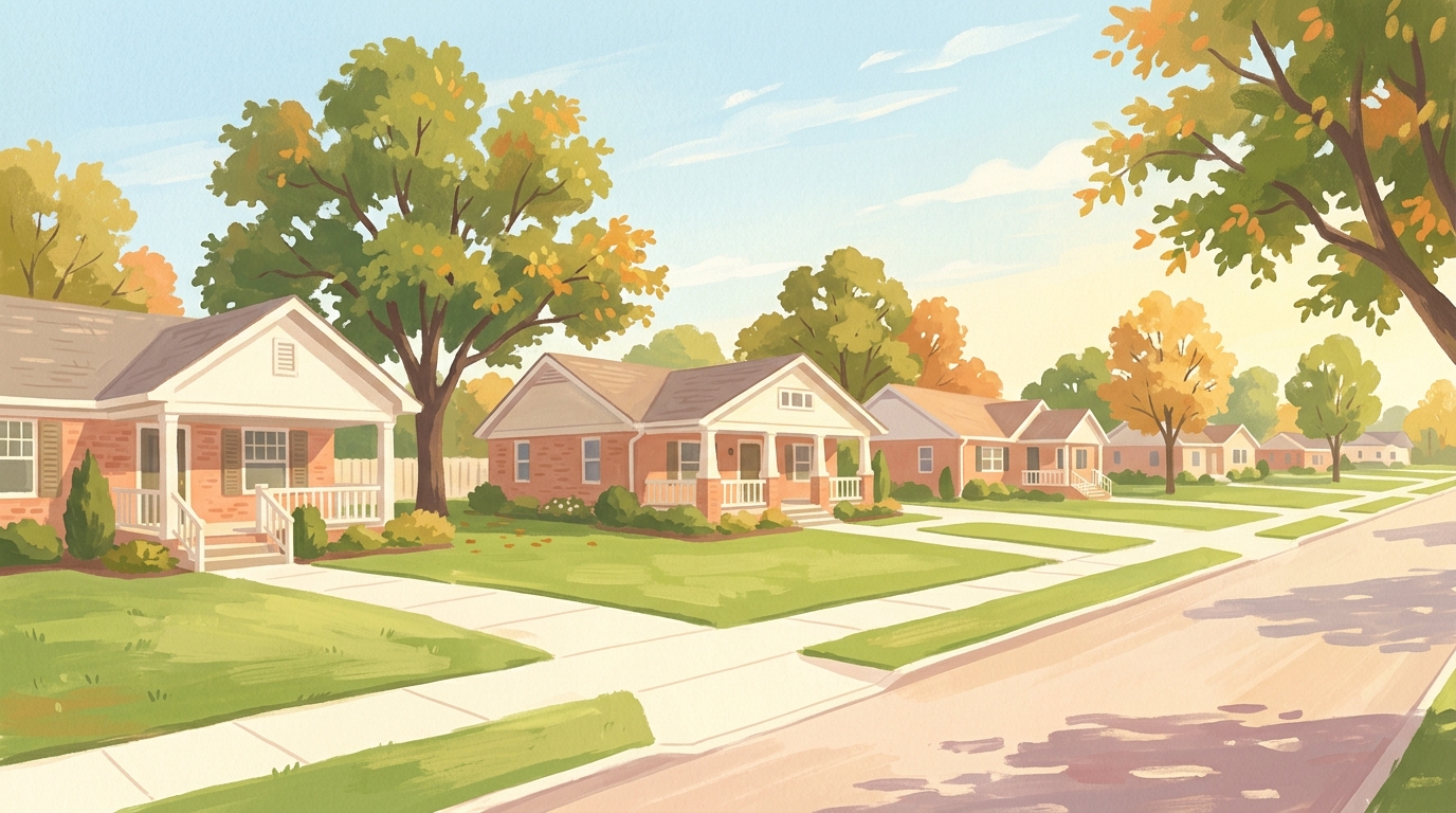 Illustration of brick ranch houses and craftsman bungalows with wide lawns and pecan trees