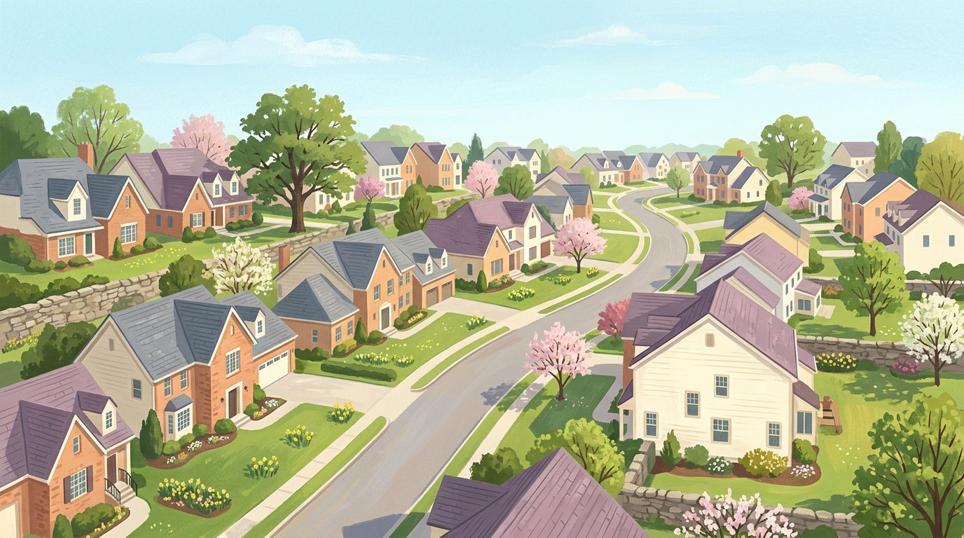 Illustration of a subdivision of brick-front houses in spring
