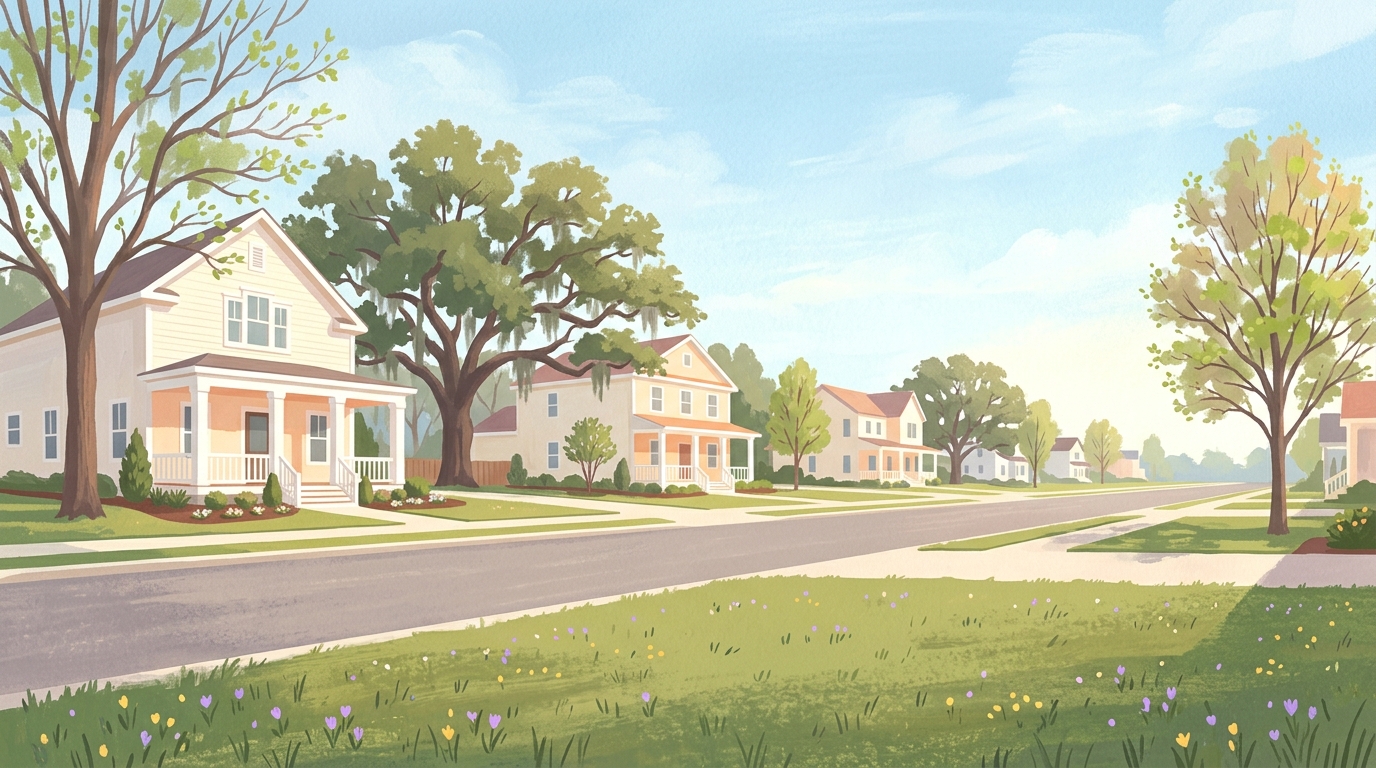 Illustration of two-story houses with white columns in spring