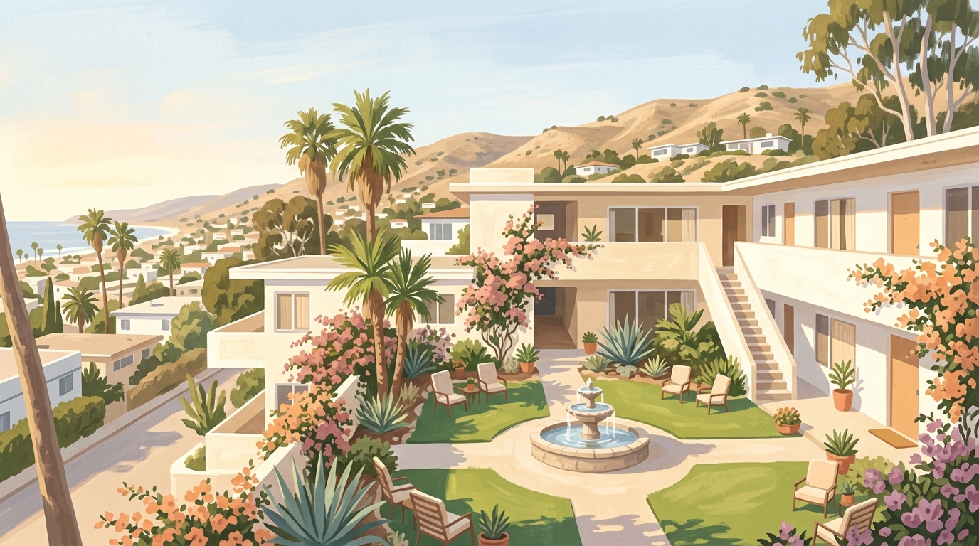 Illustration of a courtyard apartment building around a garden