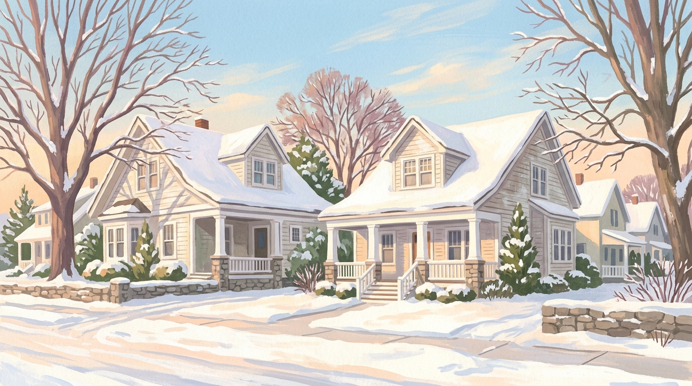 Illustration of two-story houses with white columns in snow
