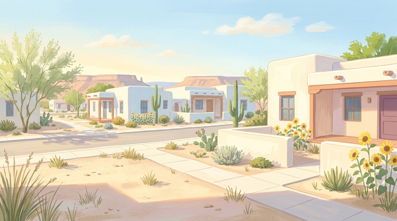 Illustration of flat-roofed adobe-style houses