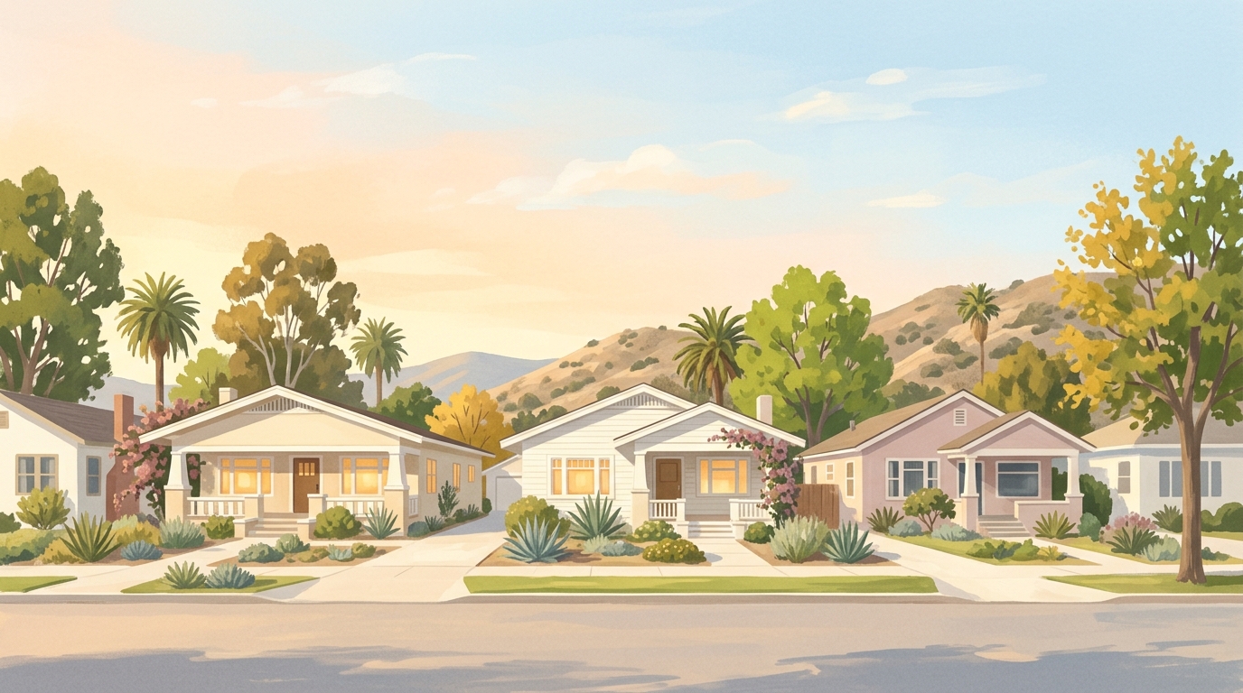 Illustration of craftsman bungalows with wide front porches at dusk