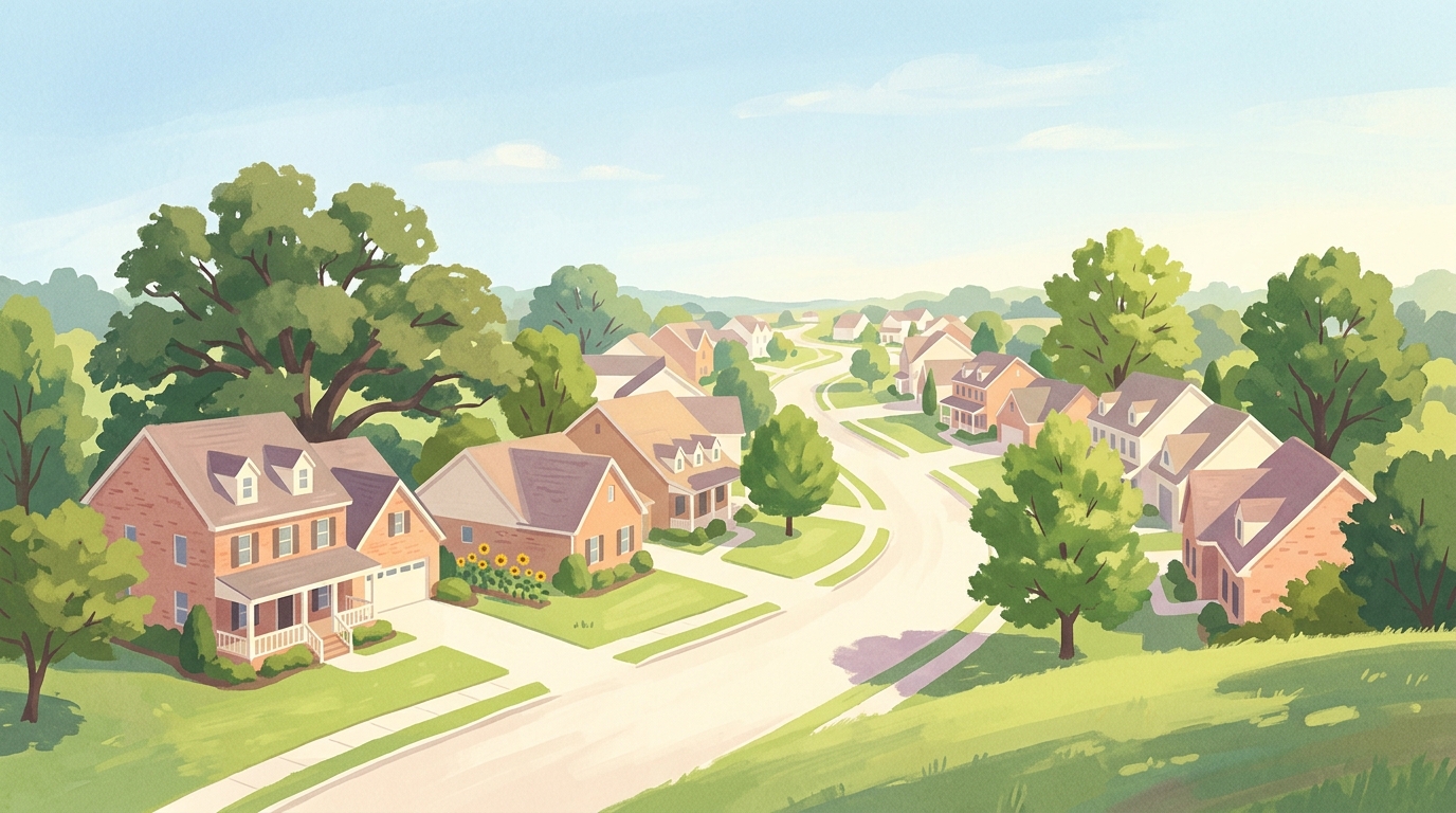 Illustration of a subdivision of brick-front houses