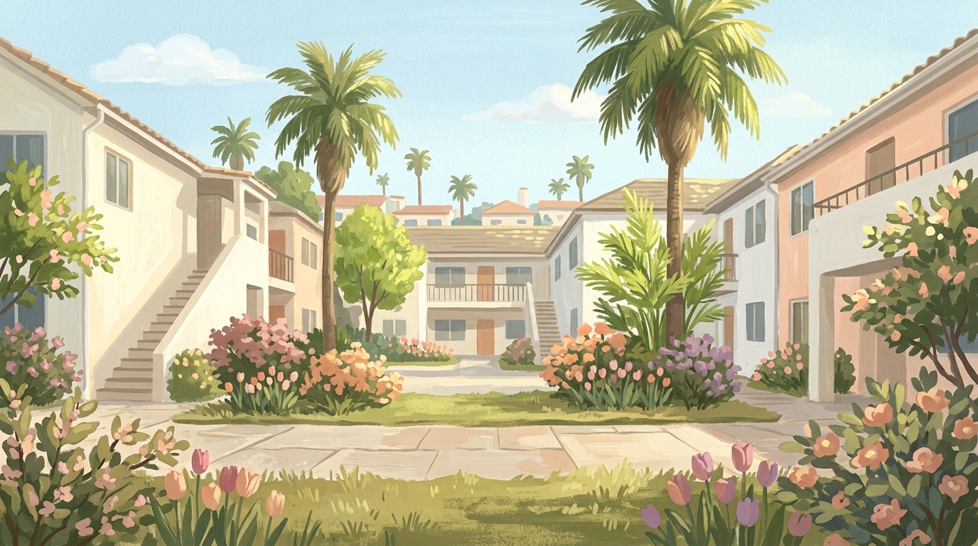 Illustration of two-story stucco garden apartments around a courtyard in spring
