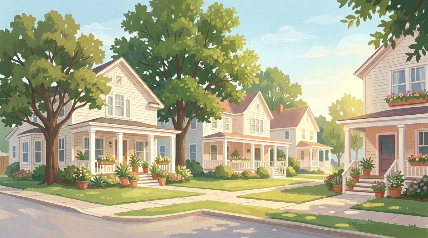 Illustration of two-story houses with white columns